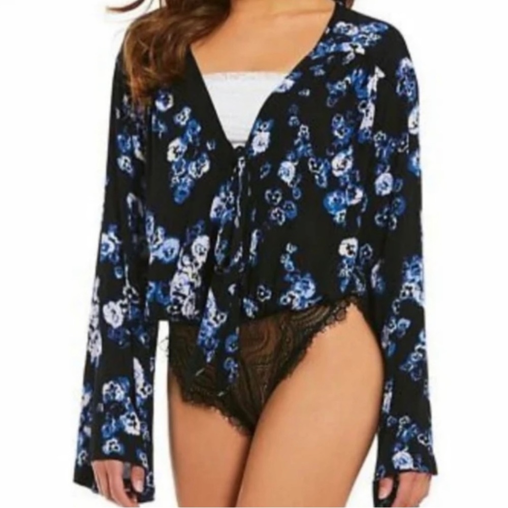Free People Bell Sleeves Forties Feels Intimately Bodysuit in Black Combo Size S